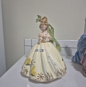 Vintage Ceramic Lady Figurine with Yellow Dress Josef Original